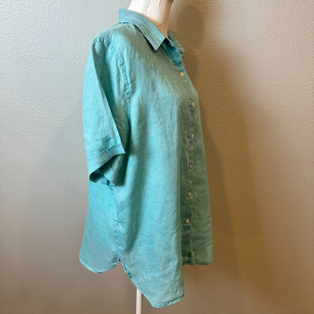 J. Jill Women’s M Turquoise Blue 100% Linen Button Up Short Sleeve Beach Travel - Picture 4 of 9